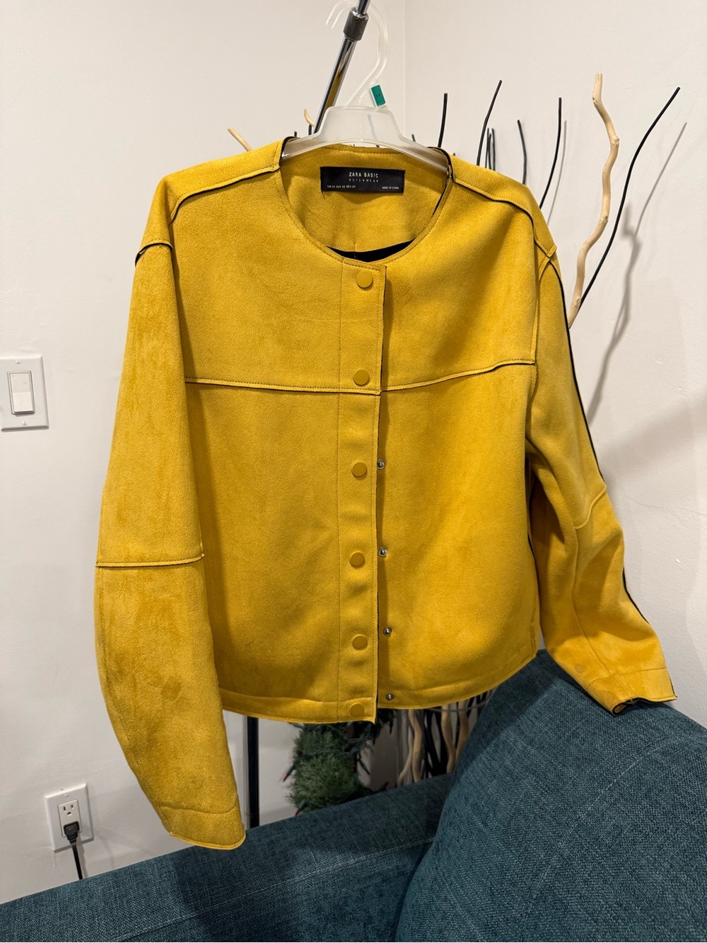 Zara Suede Snap-Front Jacket in Mustard Yellow